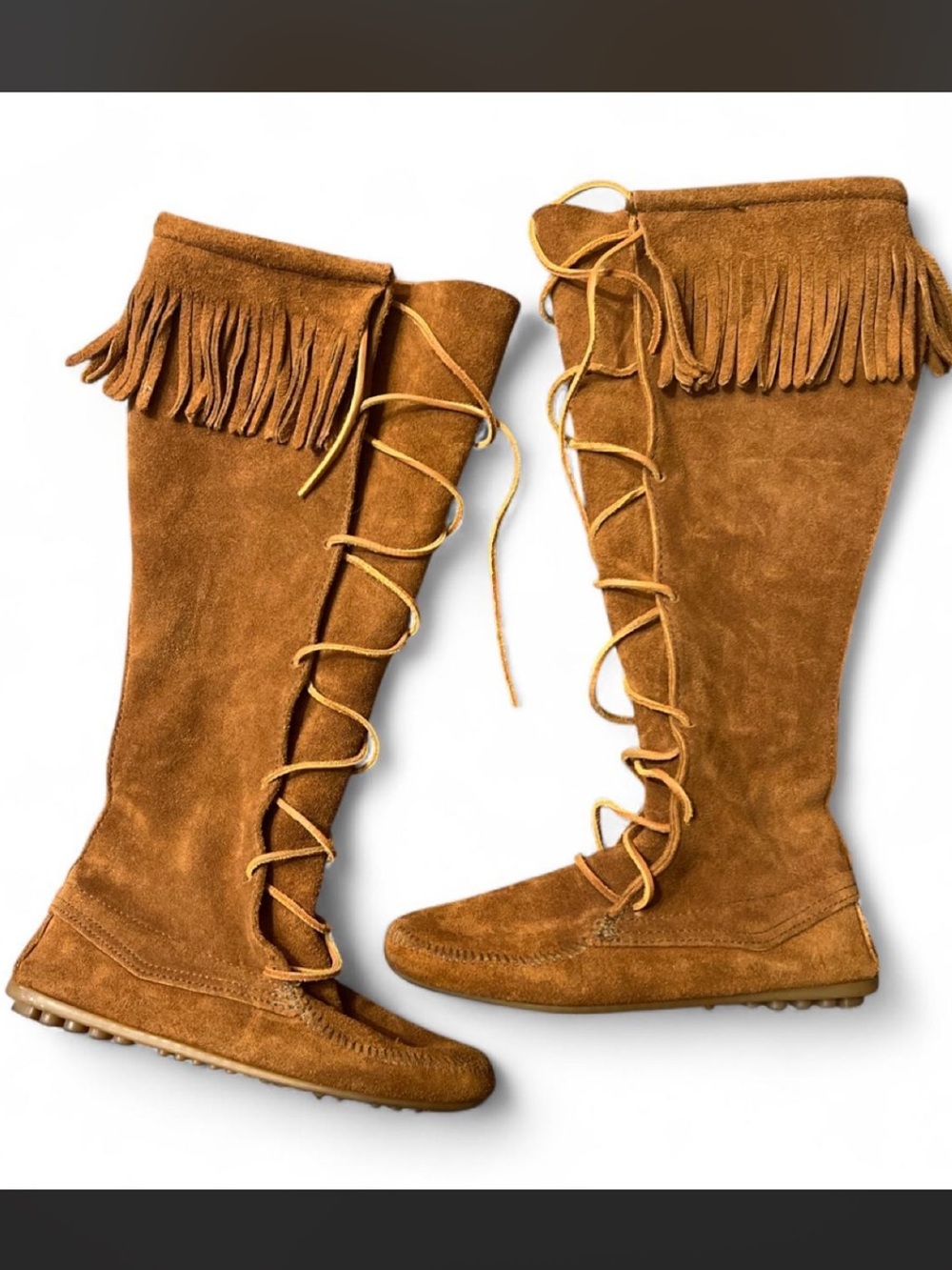 Minnetonka Fringe Lace-Up Tall Suede Boots - Brown